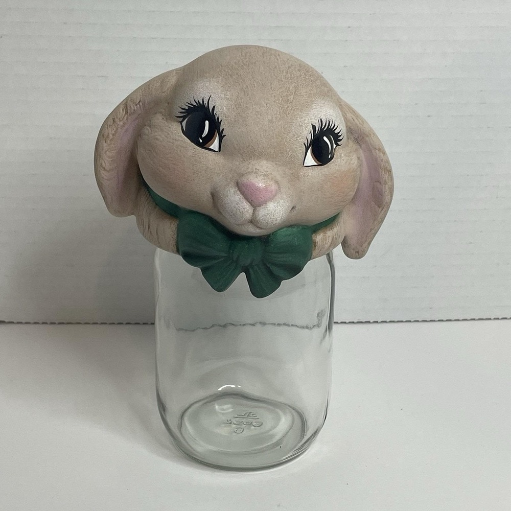 Easter Bunny Glass Jar Topper Tan Rabbit Head Lid Easter Candy Vintage Canning